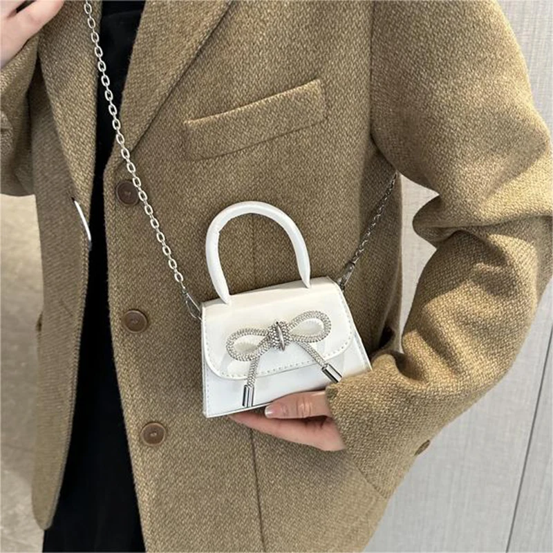 Bow Design Solid Color Mini Shoulder Bag PU Leather Flap Crossbody Bags for Women 2024 Fashion Female Chain Purse and Handbags