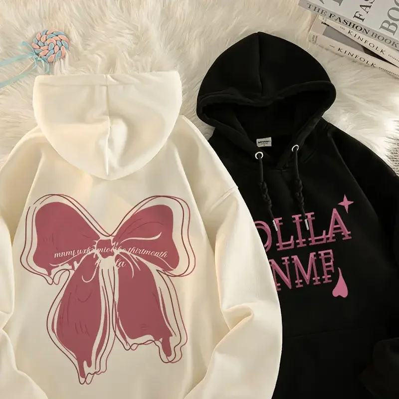 Women Cute Fresh Bow Hooded Pure Cotton Hoodie Printed Fashion Autumn And Winter Girls Outdoor Top High Quality Streetwear