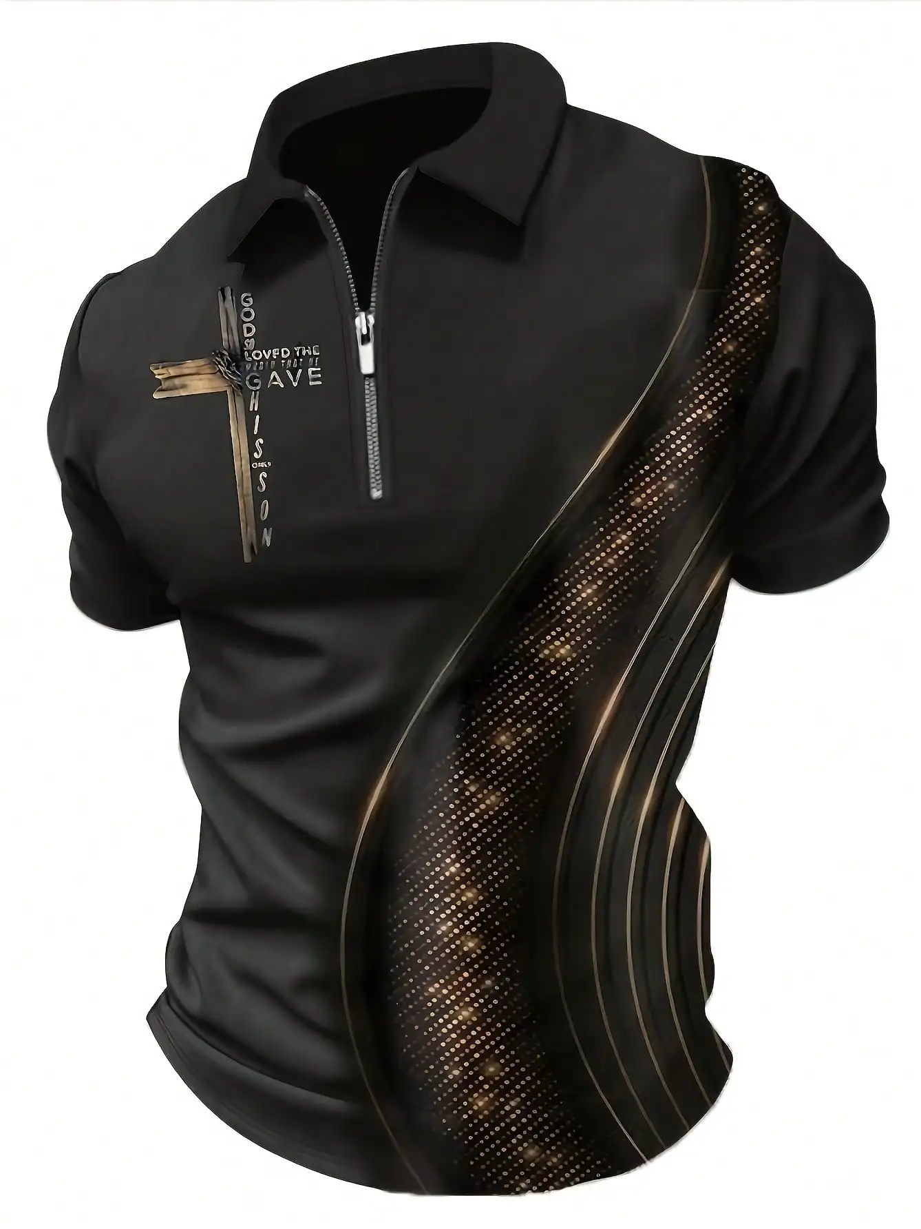 

Men's Black Short Sleeve Zipper Collar Shirt with Cross Graphic and Geometric Print