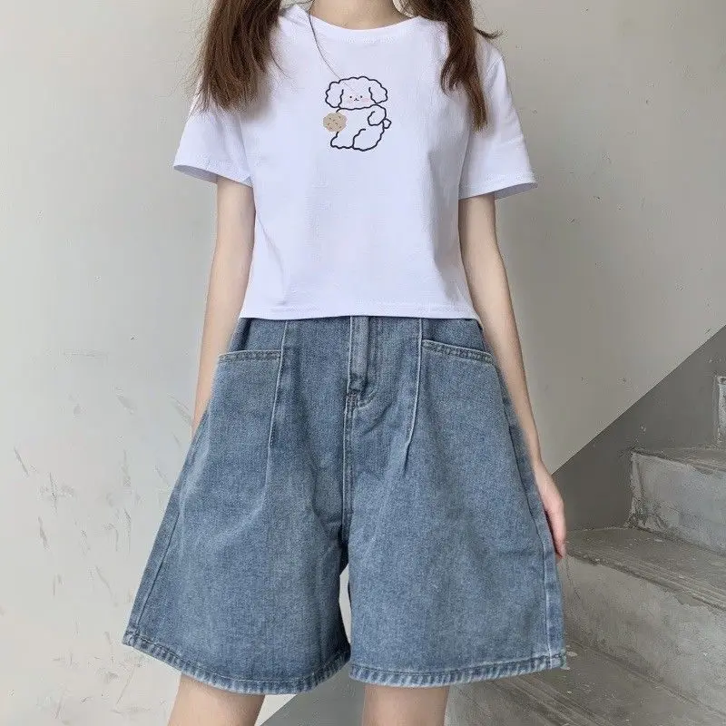 Korean Style Denim Wide Leg Shorts Women Pockets A Line High Waist Shorts Woman 2023 Summer Blue Gray Loose Short Jeans