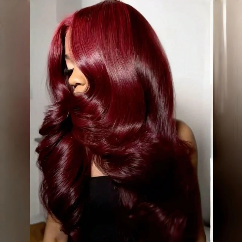 

99j Бордовый Объемная Волна 13x4 Парики Фронта Шнурка Красный HD Прозрачный Парик Фронта Шнурка для Женщин Полный и Толстый Плотность 220%