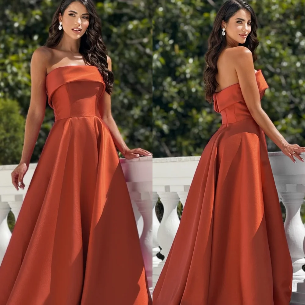 

Customized Exquisite Strapless Sleeveless Evening Dress High Quality Satin Prom Dresses Delicate Ruched Bespoke Occasion Gowns