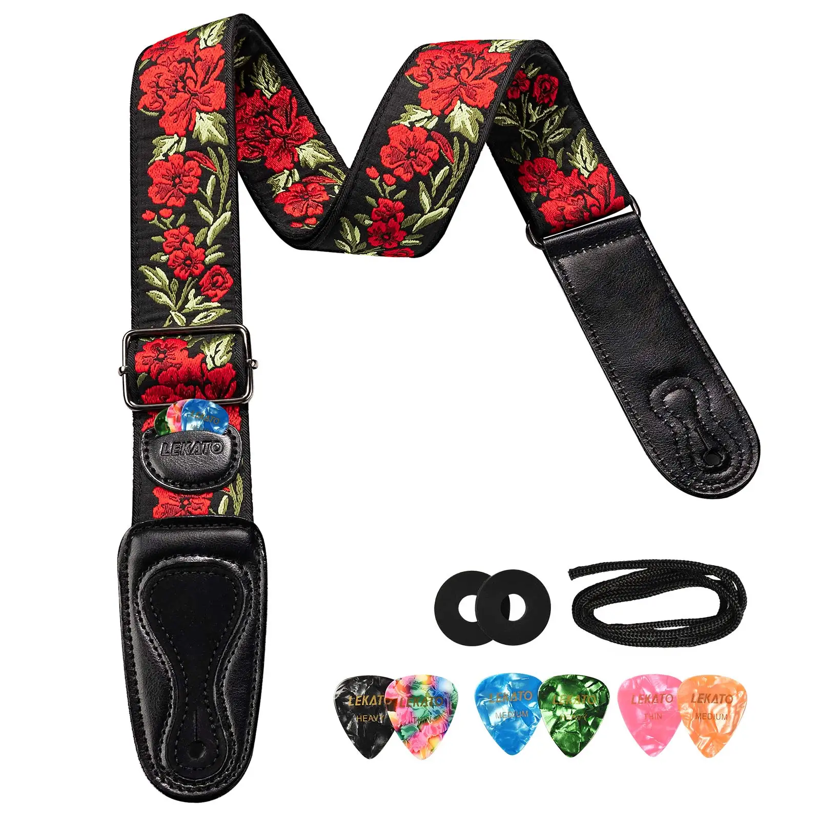 LEKATO LGS-6 Gitarrengurt mit 6 Plektren und 2 Schlössern für E-Akustikgitarren-Bass