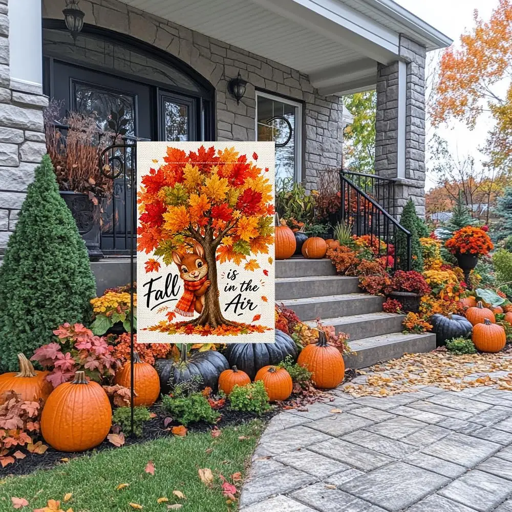 Fall Squirrel Maple Leaf Garden Flag Double Sided 12x18 Outdoor Decor yyi
