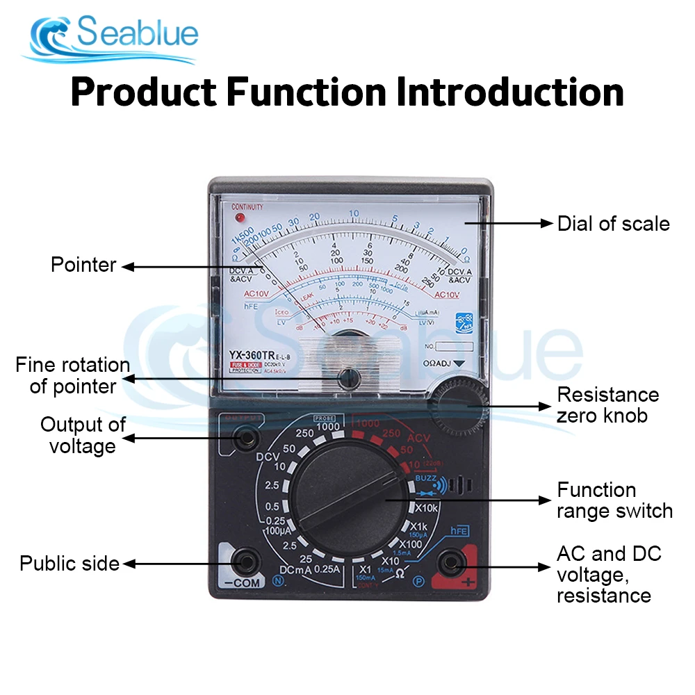 Imagem -02 - tipo de Agulha Universal Medidor Ponteiro Display Multímetros Elétricos Tensão Atual Resistência Tester Caneta ac dc Yx360tre-l-b