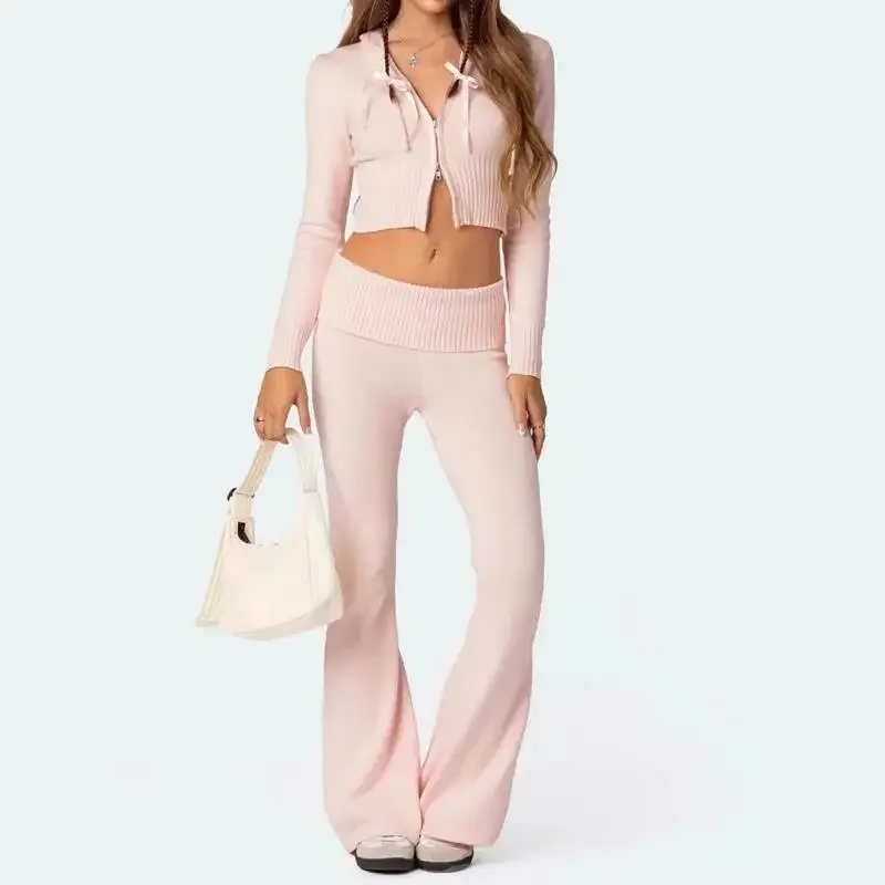 Fashion Women Ribbed Knit 2 Piece Outfits Long Sleeve Zipper-Up Slim Fit Hooded Crop Top Elastic Long Pants Set Y2K Tracksuits