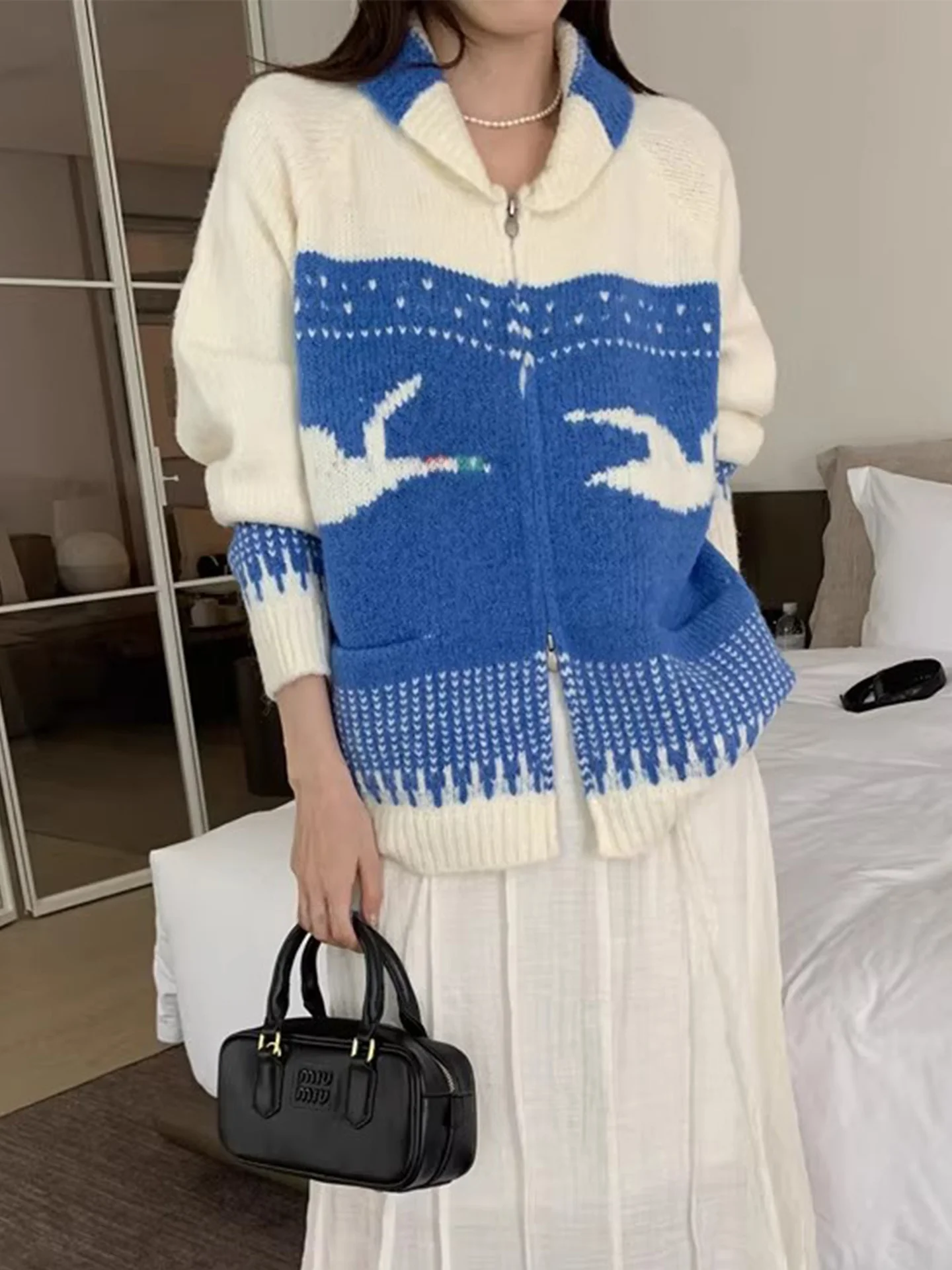 Ele Swan 刺繍ニットセーターコート レディース ダブルジッパー オープンカーディガン 冬新作 スレ 快適 ルーズフィット ロングスリーブ...