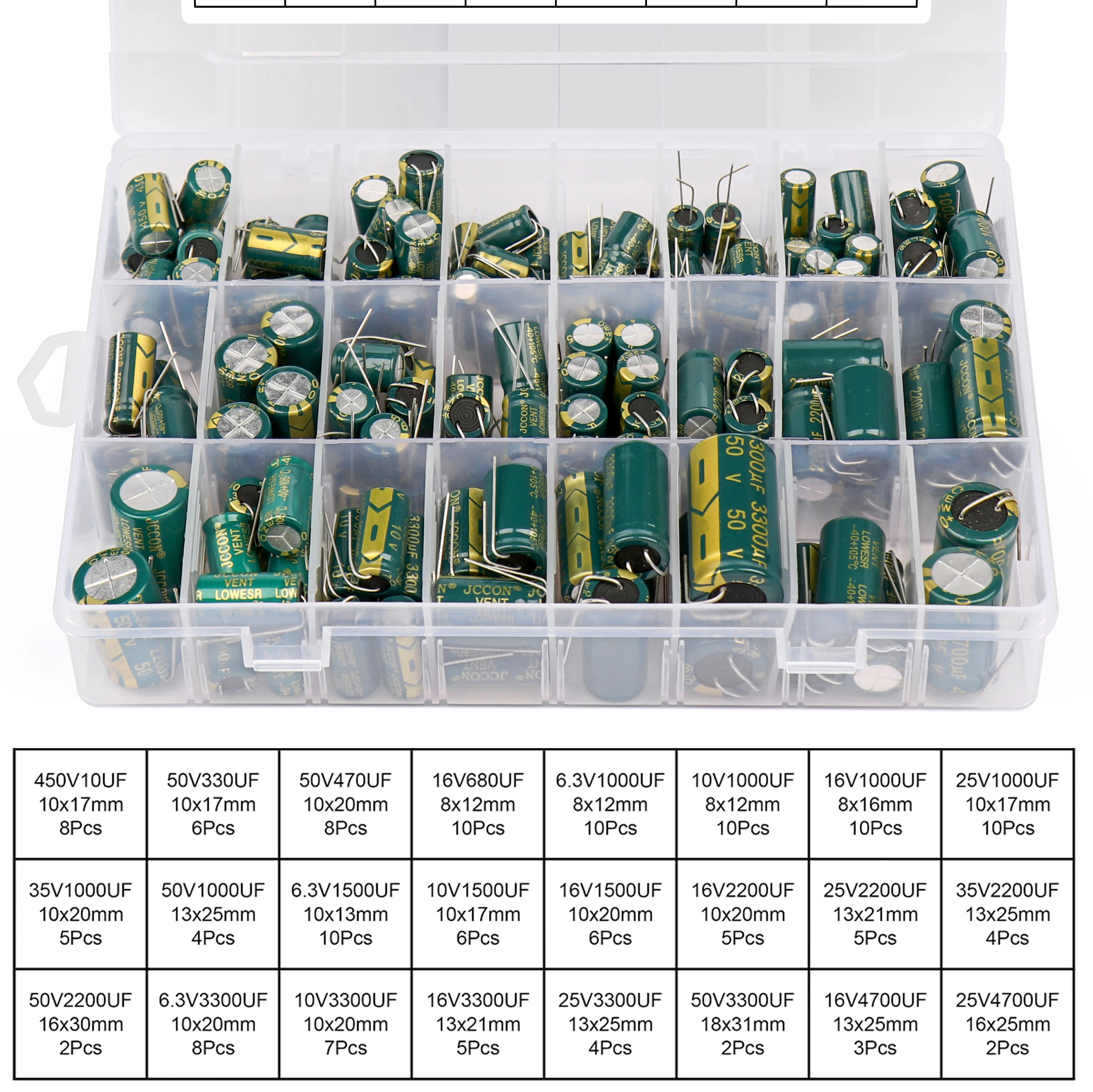 150Pcs JCCON Aluminum Electrolytic Capacitor Kit 24Values 6.3V-450V Capacitors Assortment Kit 680UF 1000UF 2200UF 3300UF 4700UF