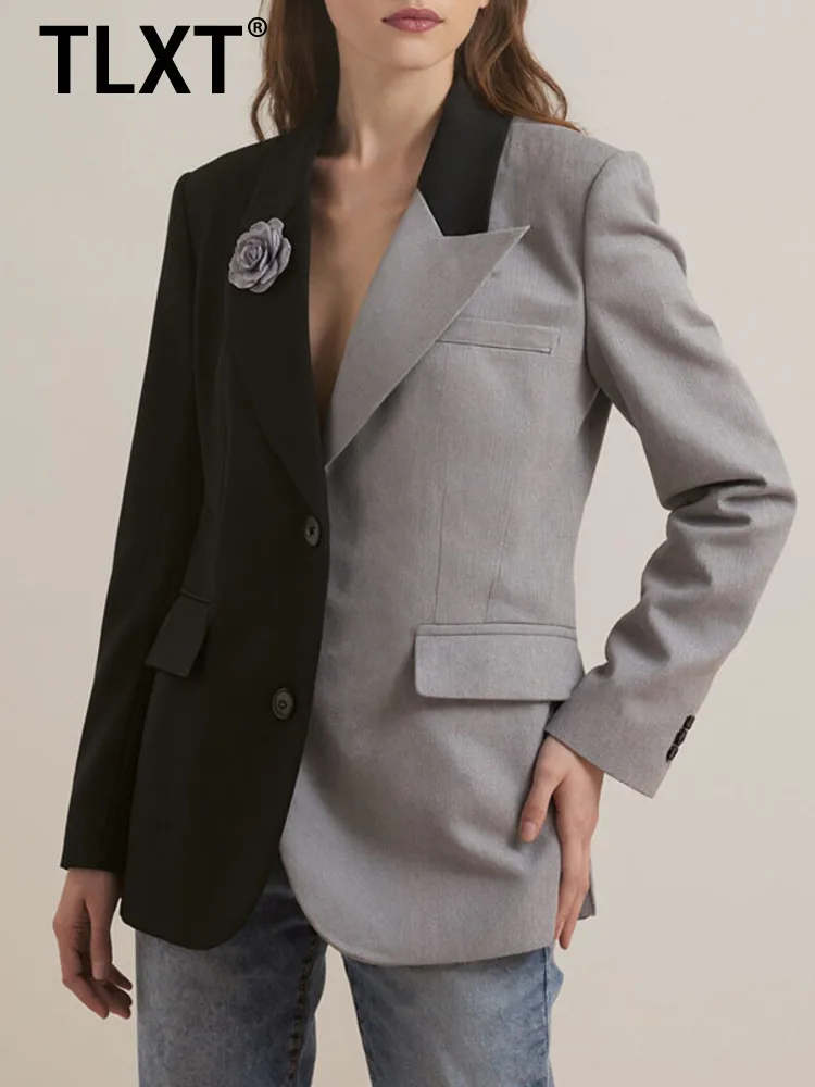 

TLXT модный женский нерегулярный пиджак с цветными блоками, однобортный пиджак с 3D цветами и длинными рукавами, осень 2022, новинка