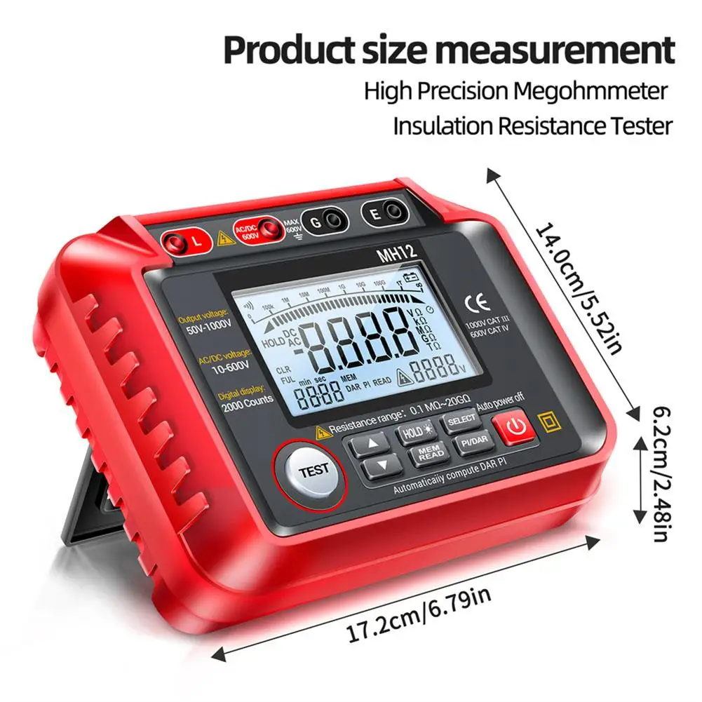MH12 digital insulation resistance meter with automatic discharge and intelligent operation for safe electrical inspections