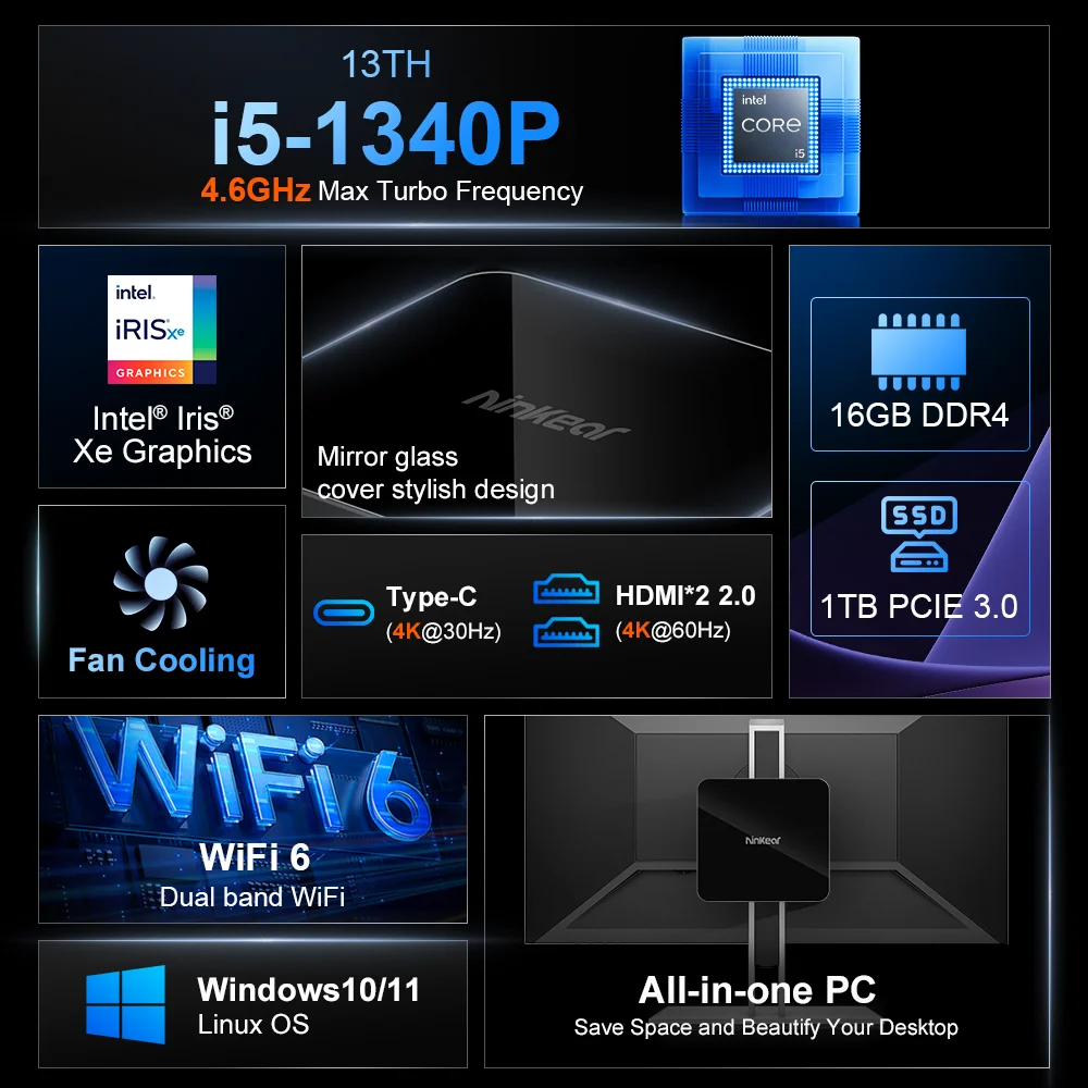Ninkear N13 MINI PC Intel 13TH i5-1340P 4.6GHz Max Turbo Frequency 16GB DDR4 1TB PCIE 3.0 Fan Cooling WiFi 6 Windows 11 Computer
