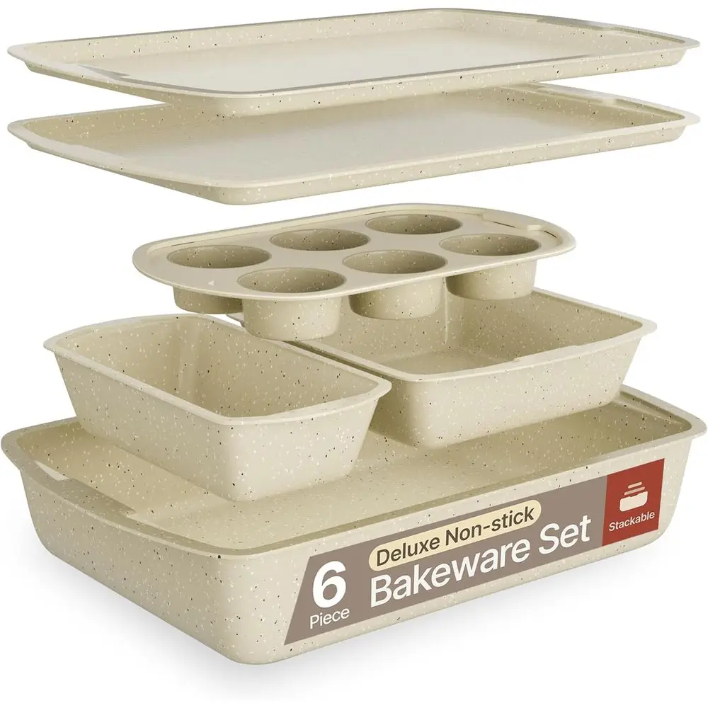 

Bakken Swiss - Bakeware Set – 6 Piece – Stackable, Deluxe, Non-Stick Bg Pans or Proional and Home Cooking – Carbon Steel, White