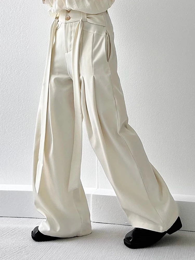 

Trendy High Waist Drawstring Trousers Mens Streetwear Stylish Pleated Suit Pants Spring Autumn Casual Solid Color Loose Trousers