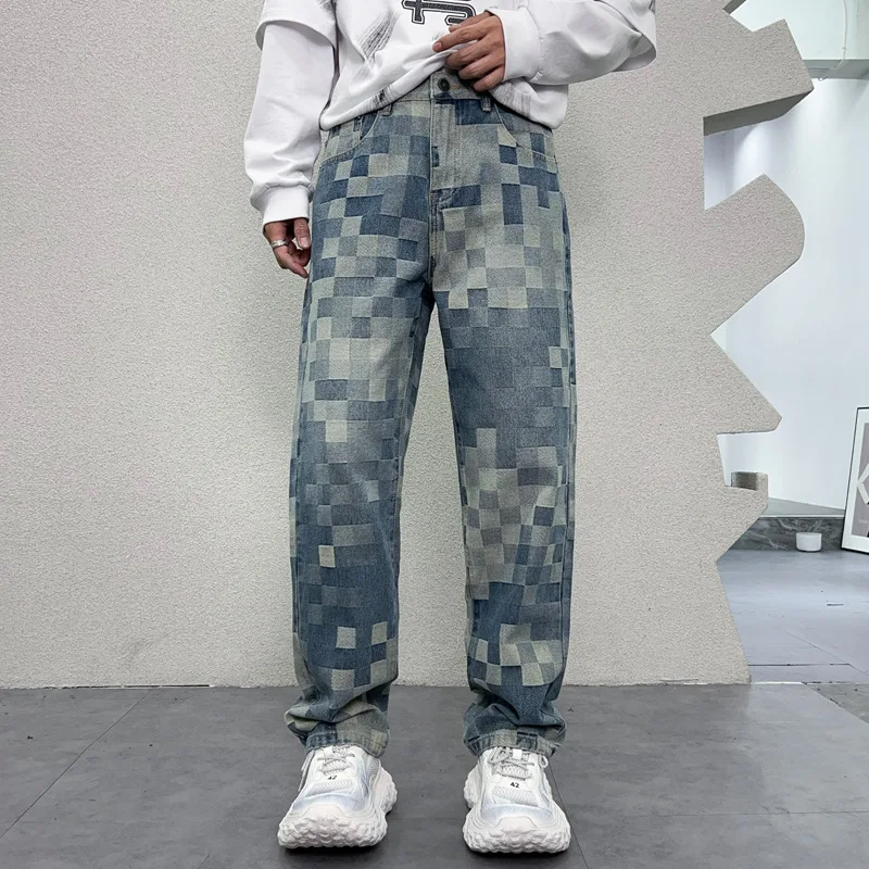 Light luxury mosaic fashionable printed design jeans men's fashionable retro loose straight mop wide leg leisure denim trousers