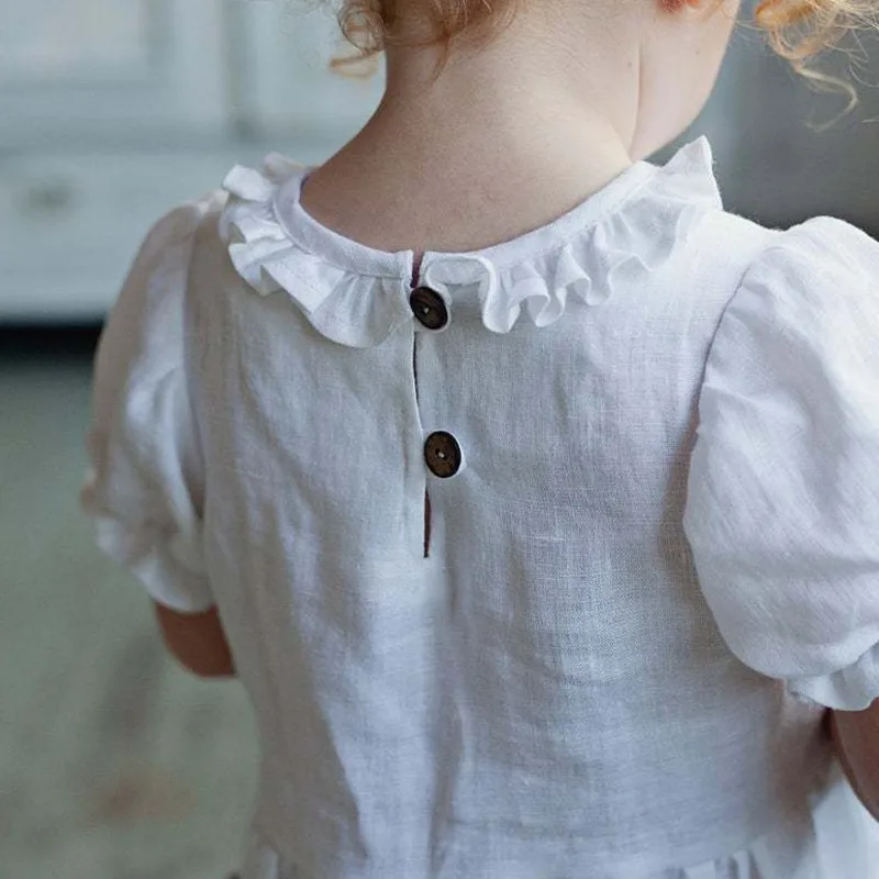 Children Linen Doll Collar Baby Princess Dress 2024 New Girls' Clothing Spring And Summer Short-Sleeve Dress