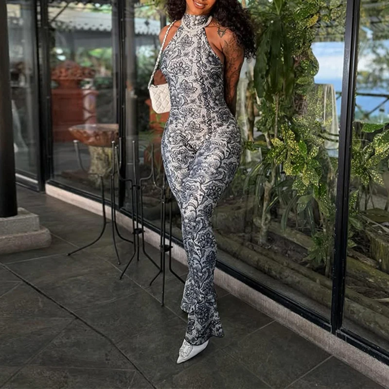 OMSJ Sexy Halter Print Jumpsuit 2025, Vrouwen Eendelige Outfit Street Style Mouwloos Open Rug Vetersluiting Vakantie Slanke Romper Overall