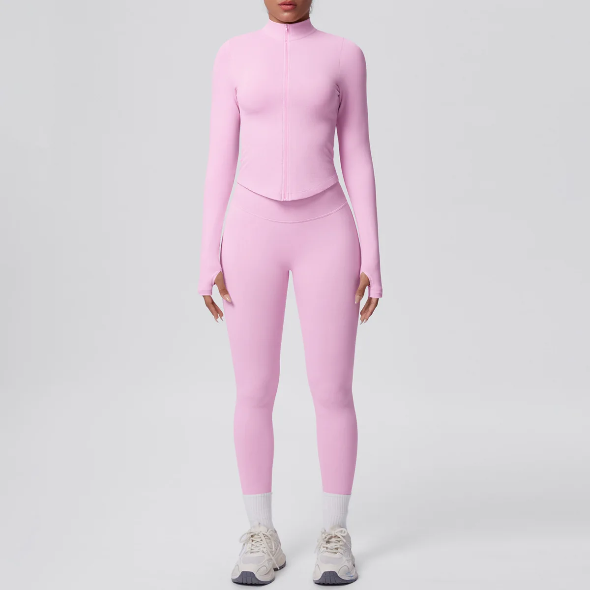 

Gym Seamless Solid Color Tight-fitting High Elastic Breathable Zipper Top Sports Suit Running Fitness Yoga Clothes Two-piece Set