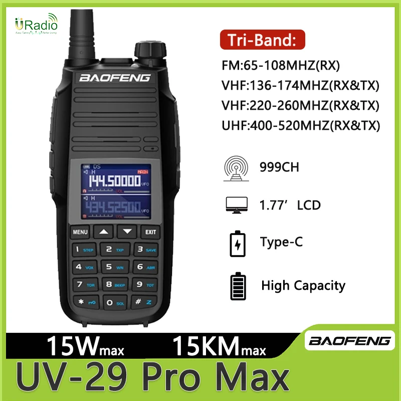 Baofeng UV-29 Pro Max Walkie Talkie Type-C Charging 3-Bands 220-260mhz High Capacity NOAA 999Channel FM Two Way Radio Long Range