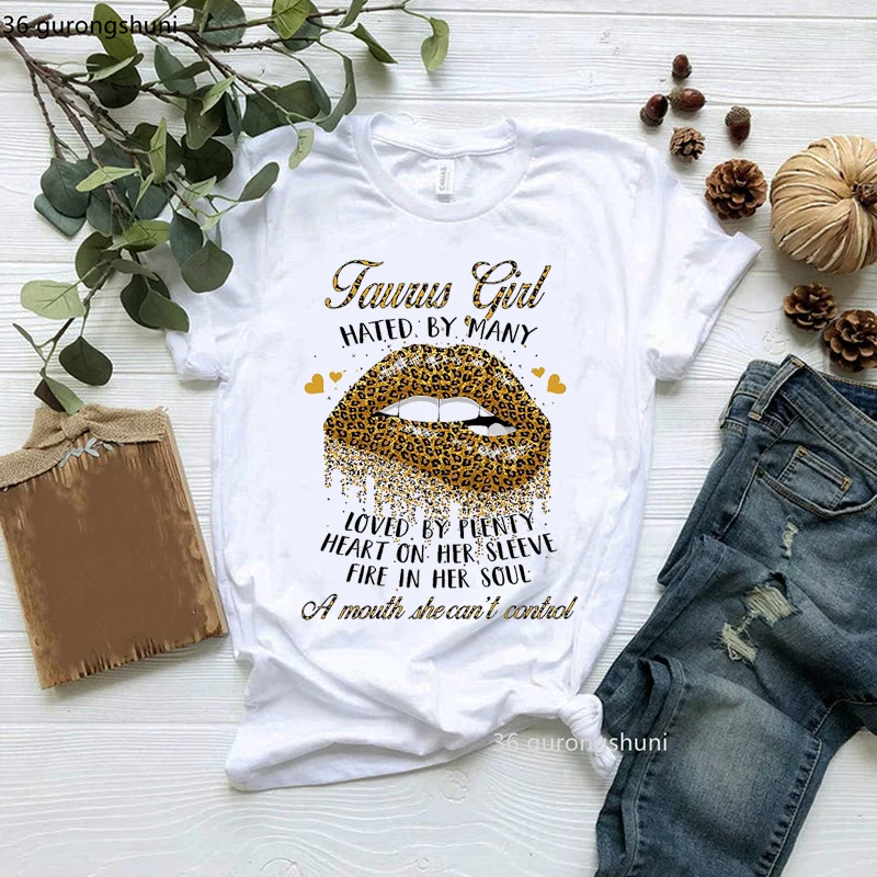 Twelve Constellations Cancer Girls Leo T Shirt Happy Birthday Leopard Lips Graphic Print T-Shirt Women Clothes Female Tees Top