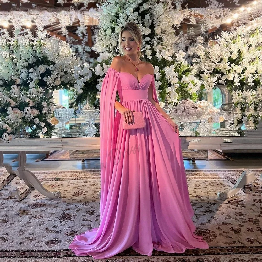 Lena Shawl Wedding Dress Es Chiffon Elegant Formal Dresses for Women Evening Dress Luxury 2024 Dubai Off the Shoulders Pink Prom