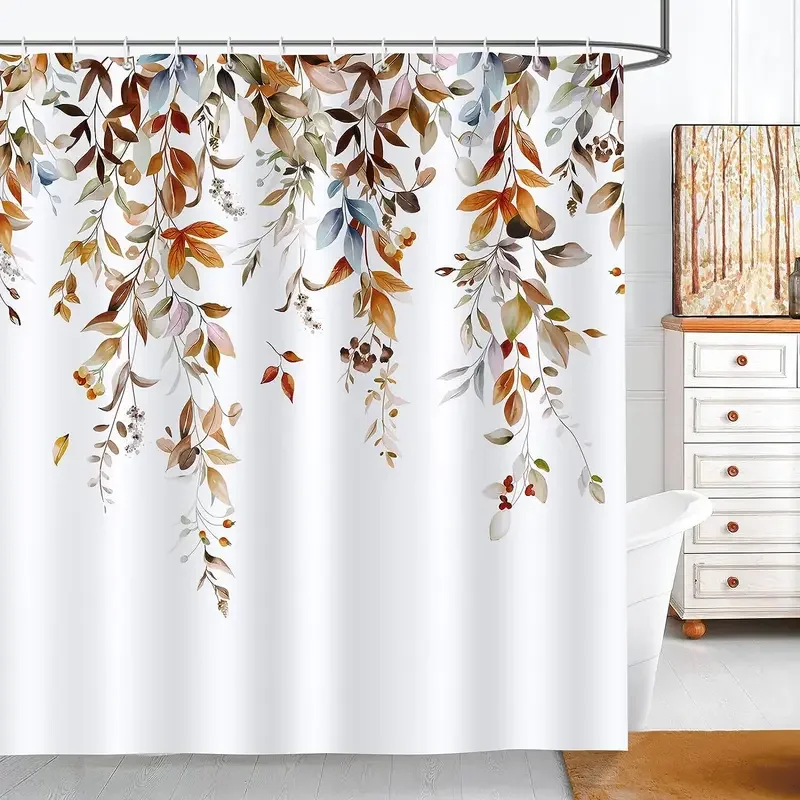 Leaves Shower Curtains Bright Tan Palm Leaf Floral Pumpkin Fall Bath Curtain Set Polyester Fabric Home Bathroom Decor with Hooks