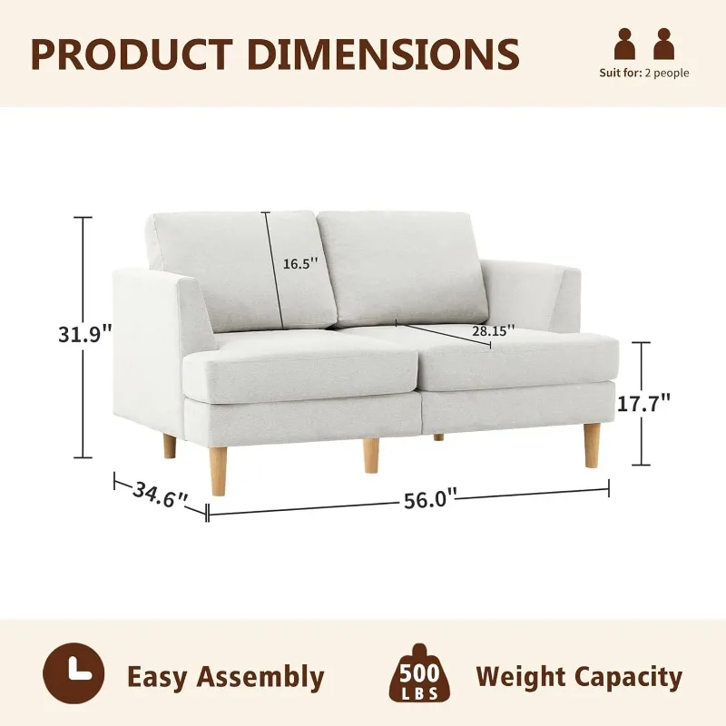 Loveseat 소파, 중앙 세기 모던 소형 소파, 작은 공간용 러브 시트, B 소파 소파, 2 인용 덮개 쿠션, 56 인치