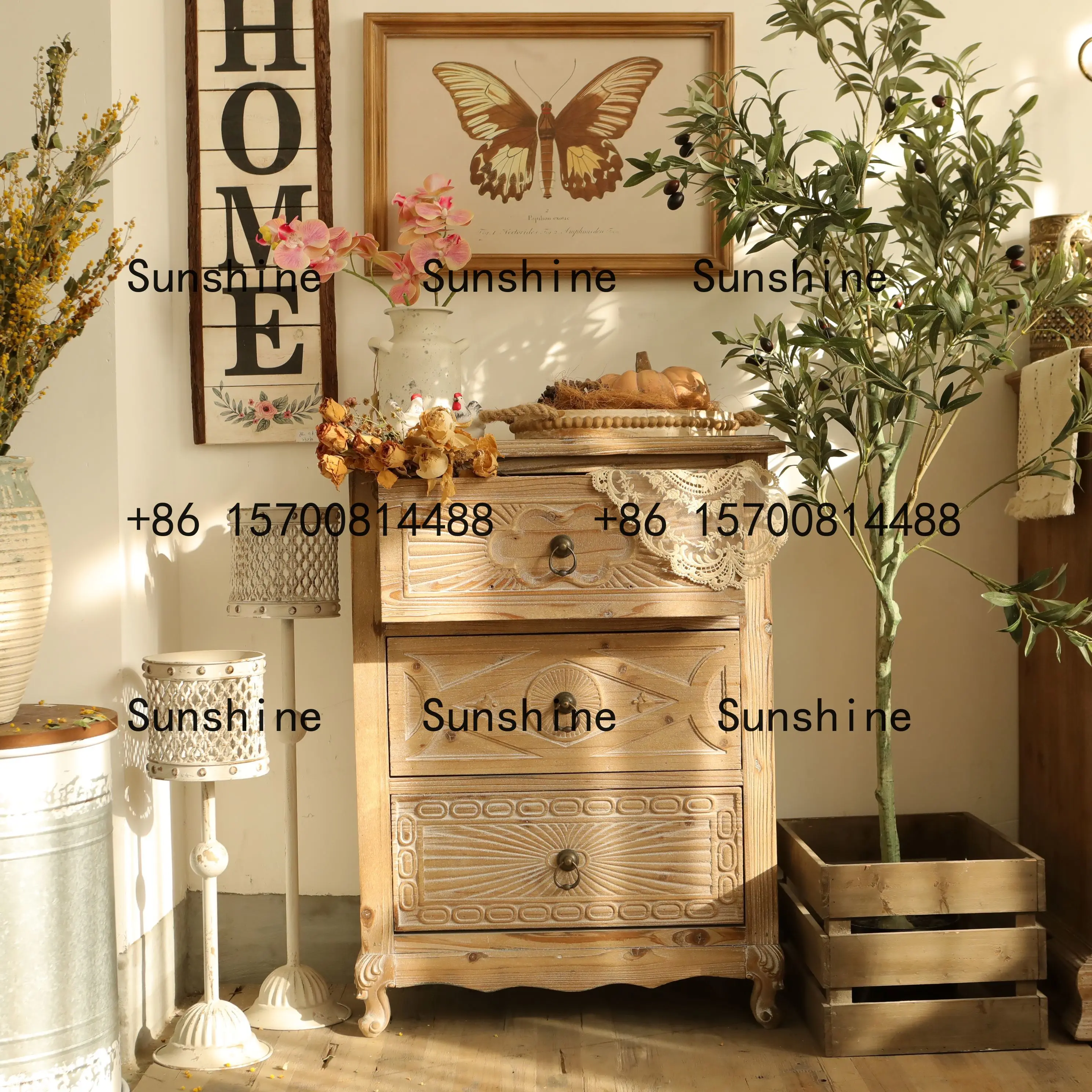 Fir low side cabinet carved log color three-drawer cabinet 61*35*82cm