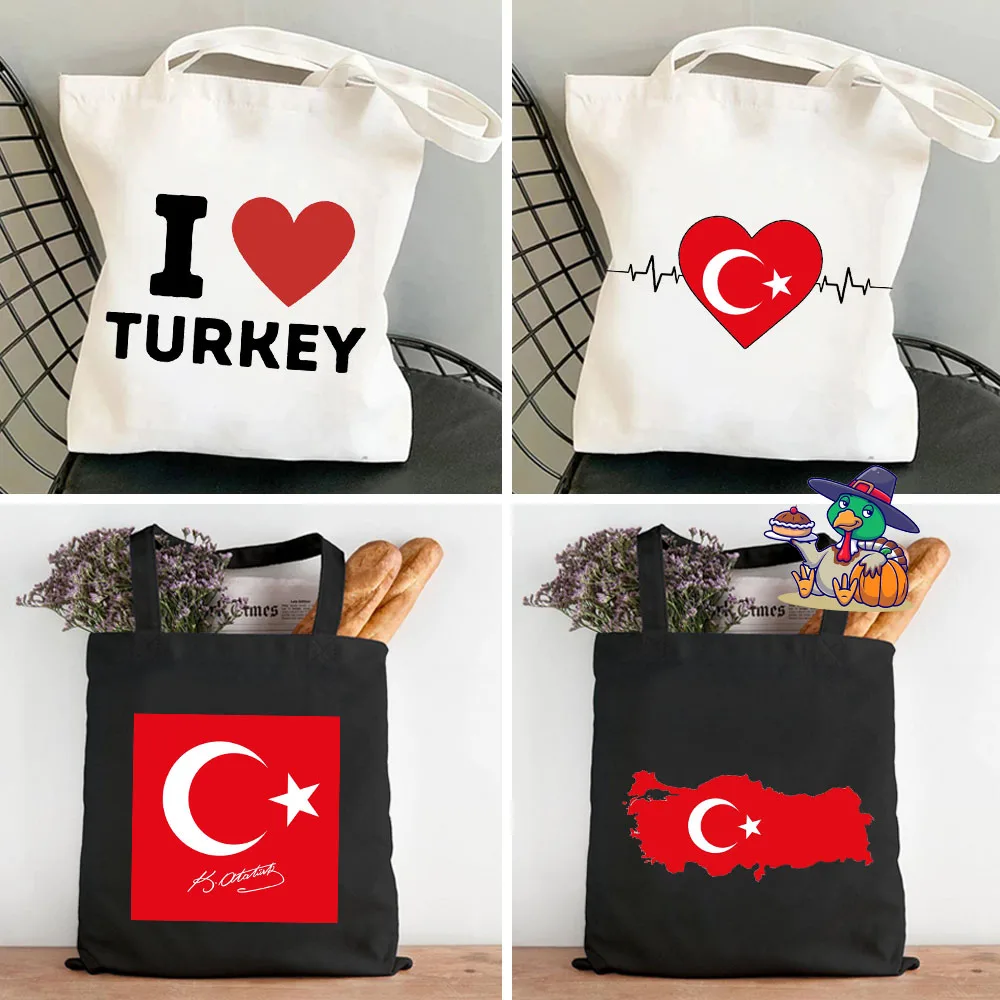 Ankara Cappadovia Istanbul Turkey Country Map Flag Heart Women Canvas Shoulder Harajuku Handbags Totes Eco Shopper Shopping Bags