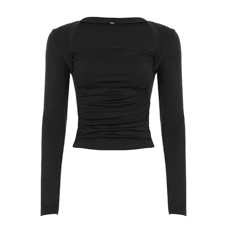 女性スクエアネック長袖秋 Tシャツソリッドカラーショートスリムフィットクロップドトップスストリートウェアブラック