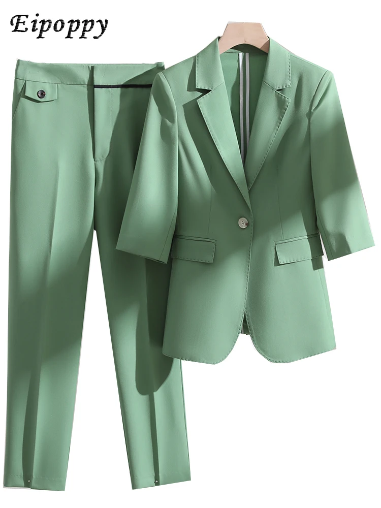 

Female Spring Summer Pant Suit Women Khaki Green Blue Pink Business Work Wear Formal 2 Piece Set Blazer For Office Ladies