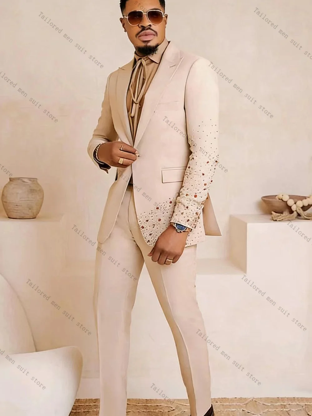 

Luxury Beige Cotton Men Suits Pants Set 2 Pcs Blazer+Trousers Crystals Wedding Tuxedos Jacket Formal Office Business Coat Outfit