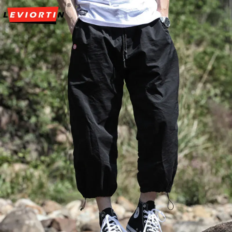 Men's summer Japanese fashion trend card cropped pants with drawstring and ankle binding straight leg loose casual pants