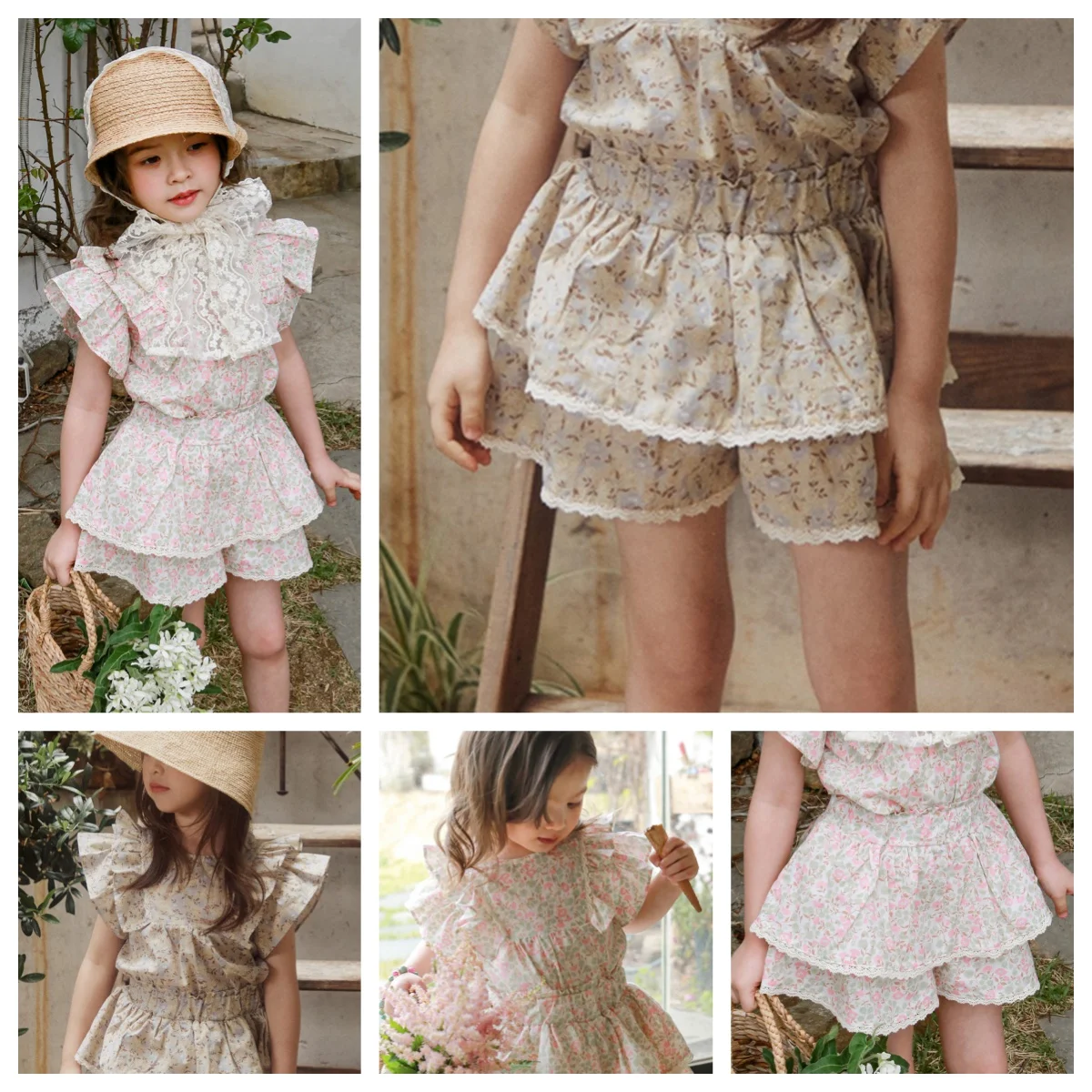 

Girl Lovely Blouse 2025 Summer Children's Clothing Girl Fashion Broken Flower Short Sleeve+Small Broken Flower Cake Pants skirt