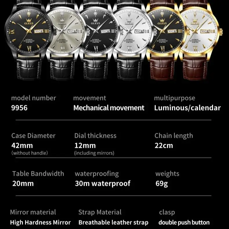 OLEVS 9956 reloj para hombre, reloj mecánico automático Original a la moda, correa de cuero resistente al agua, calendario, reloj de negocios de lujo para hombre