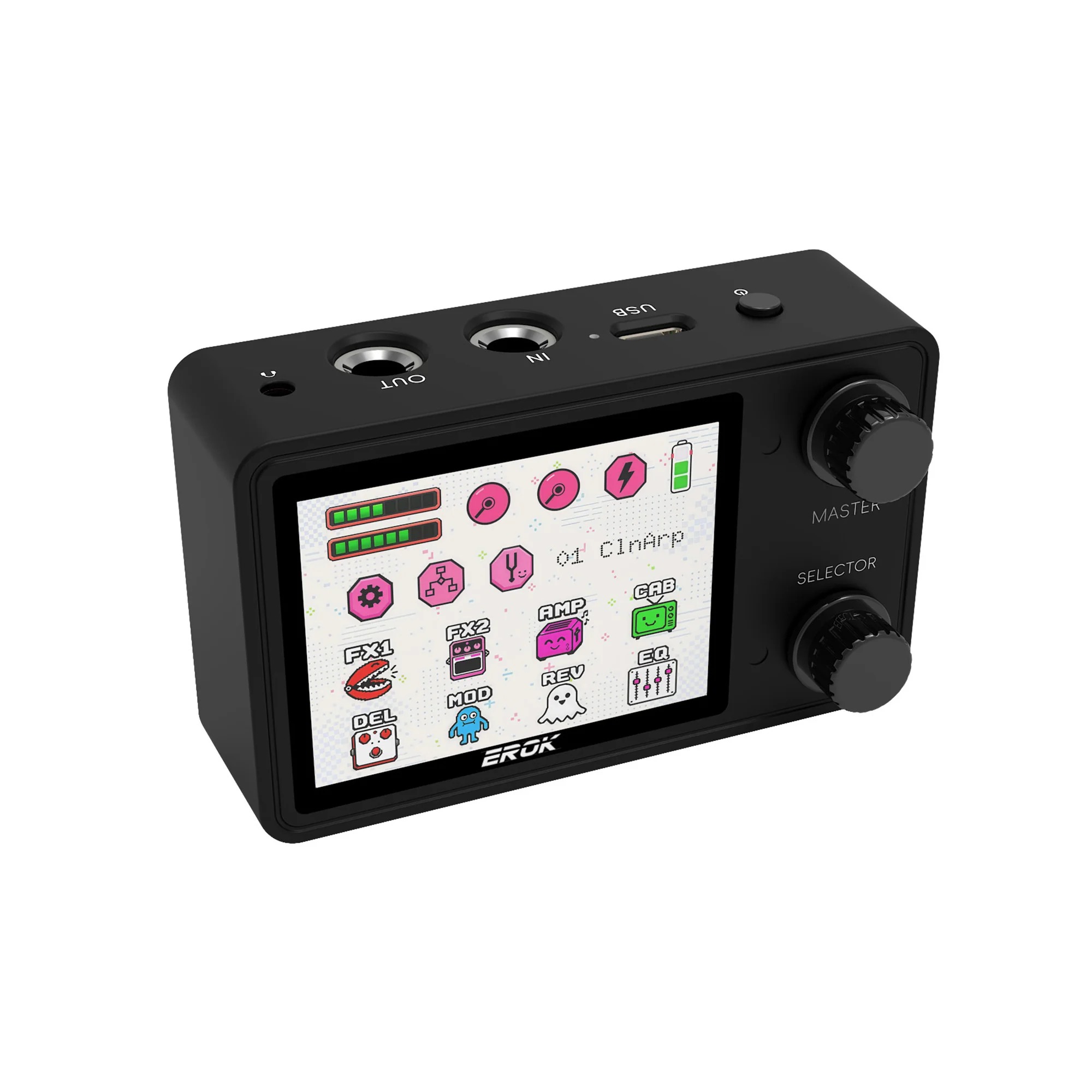 erok-pocket-pixel-multi-function-guitar-pedal-–-126g-10h-playtime-24-display-nam-ir-ready-ai-drums-loopback