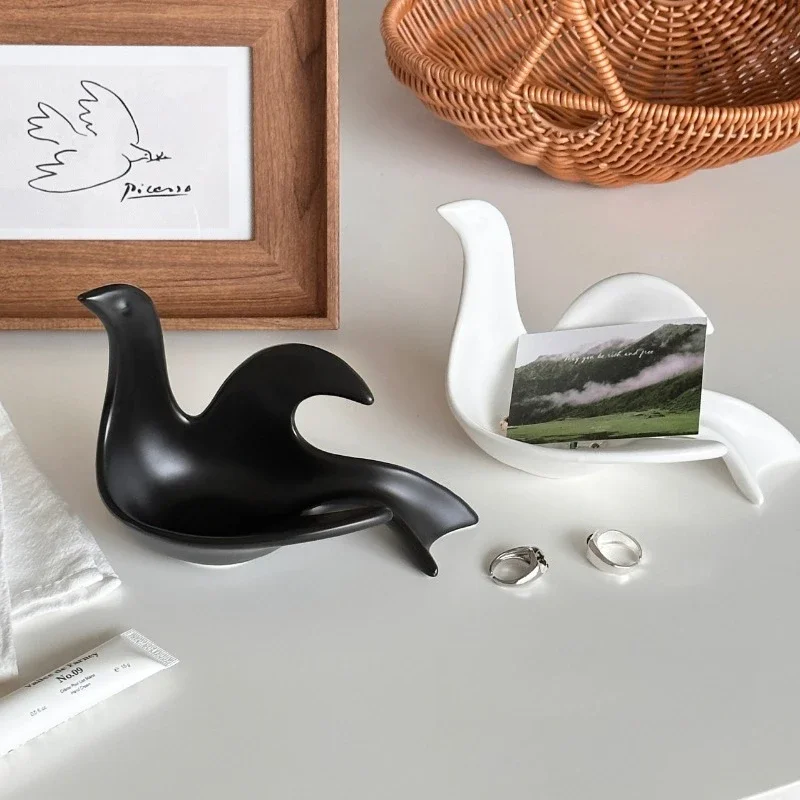 Handmade Peace Dove Ceramic Jewelry Tray 16cm,Artistic Bird Sculpture Display Organizer,Vanity Dresser Home Decor Gift for Women