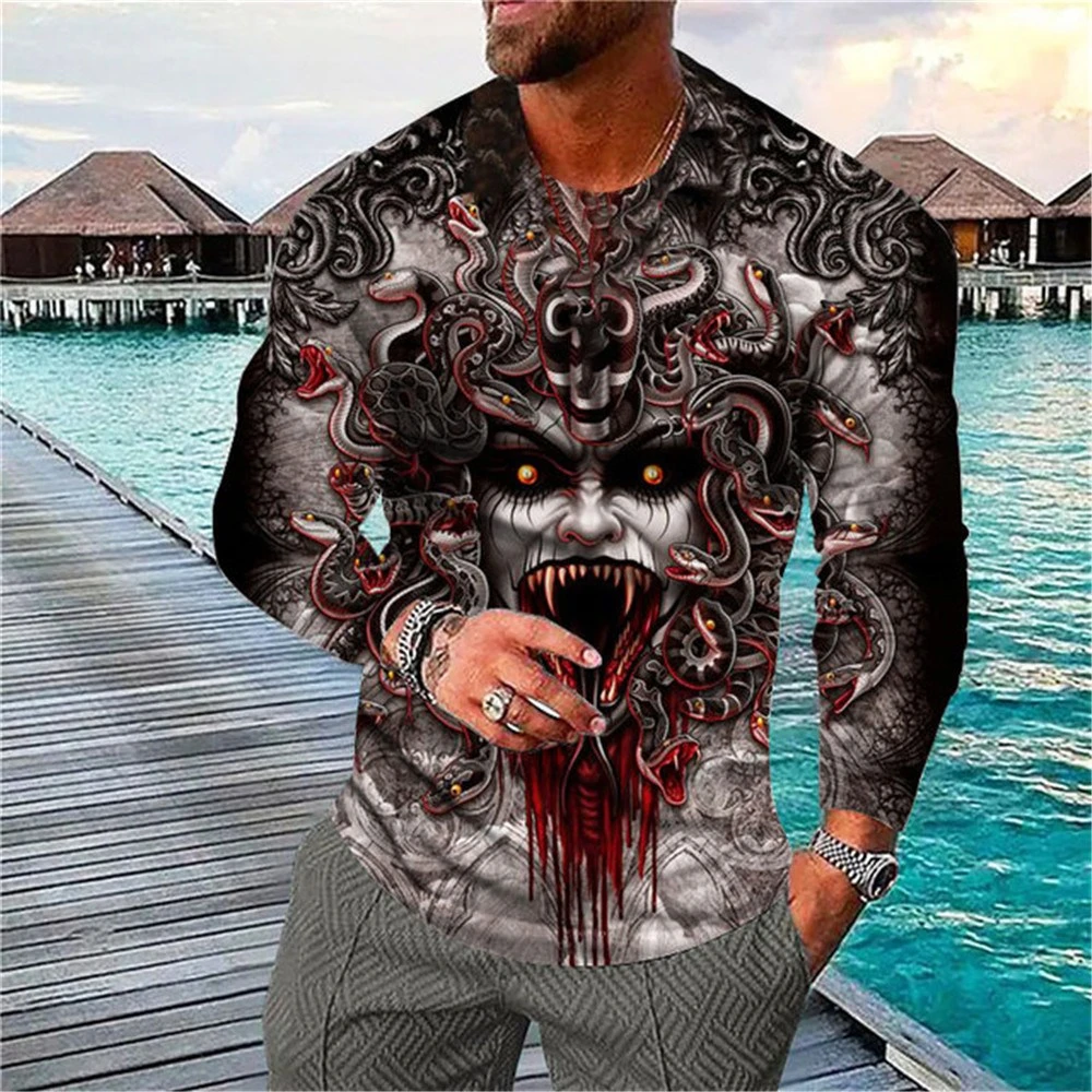 New 3D Printed T Shirt Men's Summer Vintage Skull Print Tops Devil Long Sleeve Fashion O Neck Street Men's Oversized T Shirts