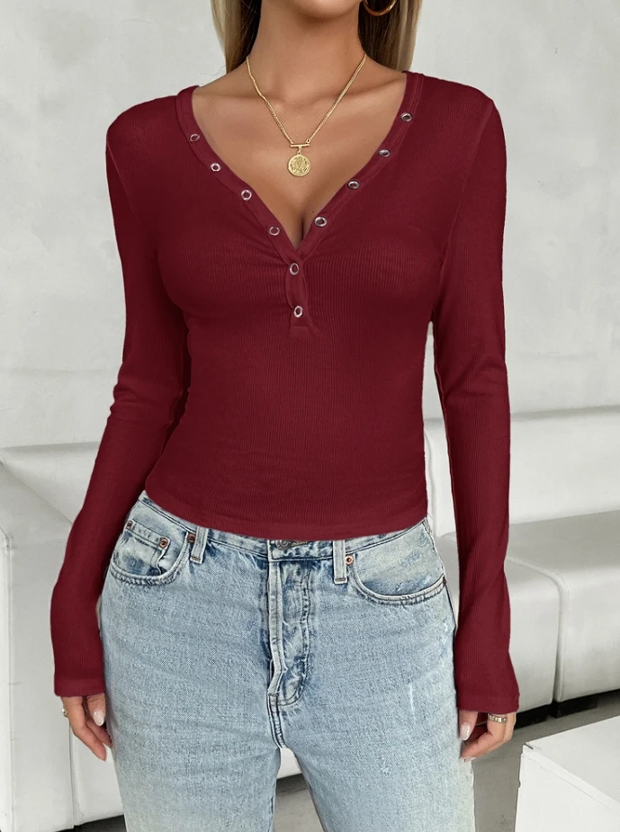 Elegant Women's Base Coat Slim Fit Solid Color Ribbed V-Neck Button Long Sleeved Top 2024 Autumn/winter Casual T-Shirt Pullover