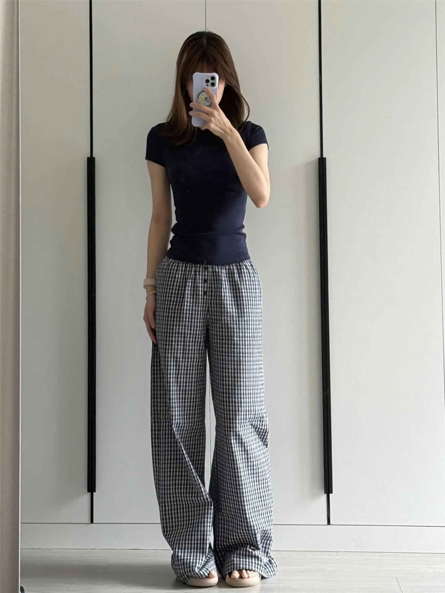 

Low Waist Wide Leg Casual Pants Women's Summer Thin Lazy Style Bubble Plaid Floor-Length Pants Loose Fit Straight Tube Trousers