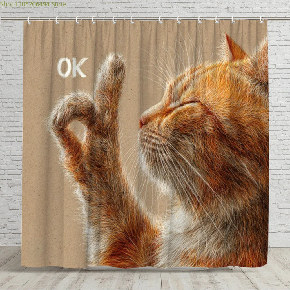 

Забавная занавеска для душа с изображением милого рыжего котенка и жеста «большой палец вверх» (знак «ОК») - юмористический декор для ванной комнаты, бежевый и коричневый цвета, 1 шт.