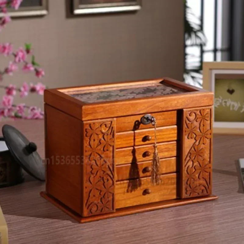 Wooden Jewelry Storage Box Retro Wood Clover Cosmetic Boxes with Lock Organization Large Capacity Desktop Storage Box