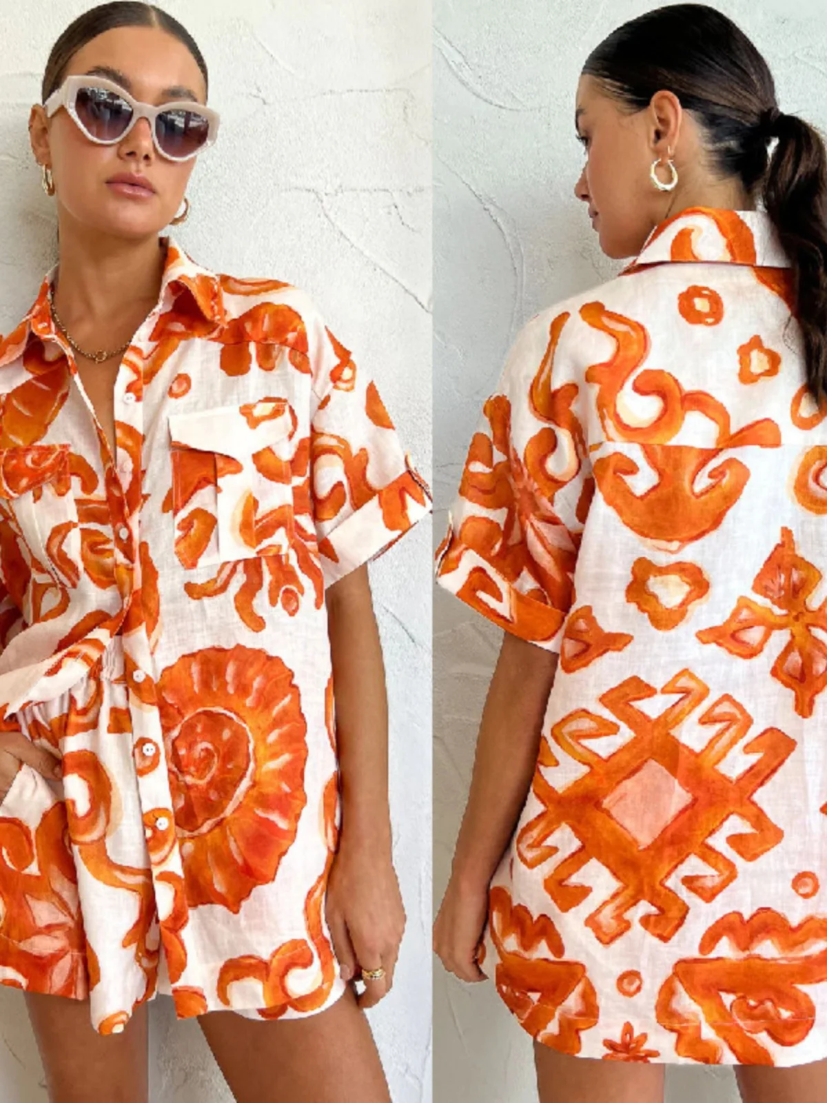 

Повседневный комплект с цветочным принтом: рубашка и шорты, женский топ с отложным воротником, летний модный наряд для молодых девушек