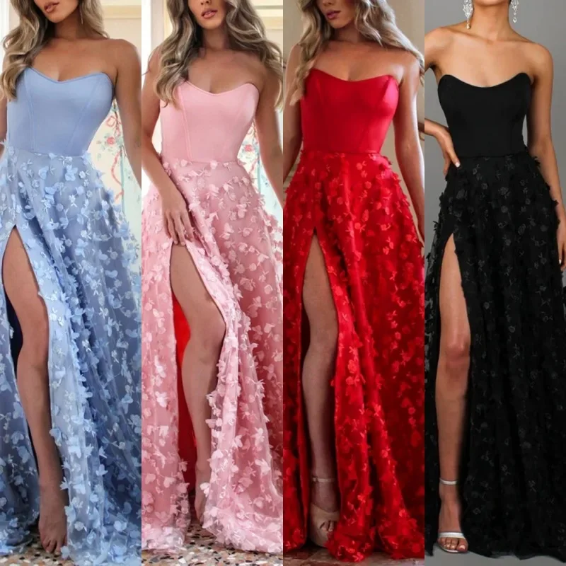 

Sexy Dress Women Party Chest Wrap Split Mesh Lace-up Backless Empire Lady Elegant Big Wing Sleeveless Strapless Clothing