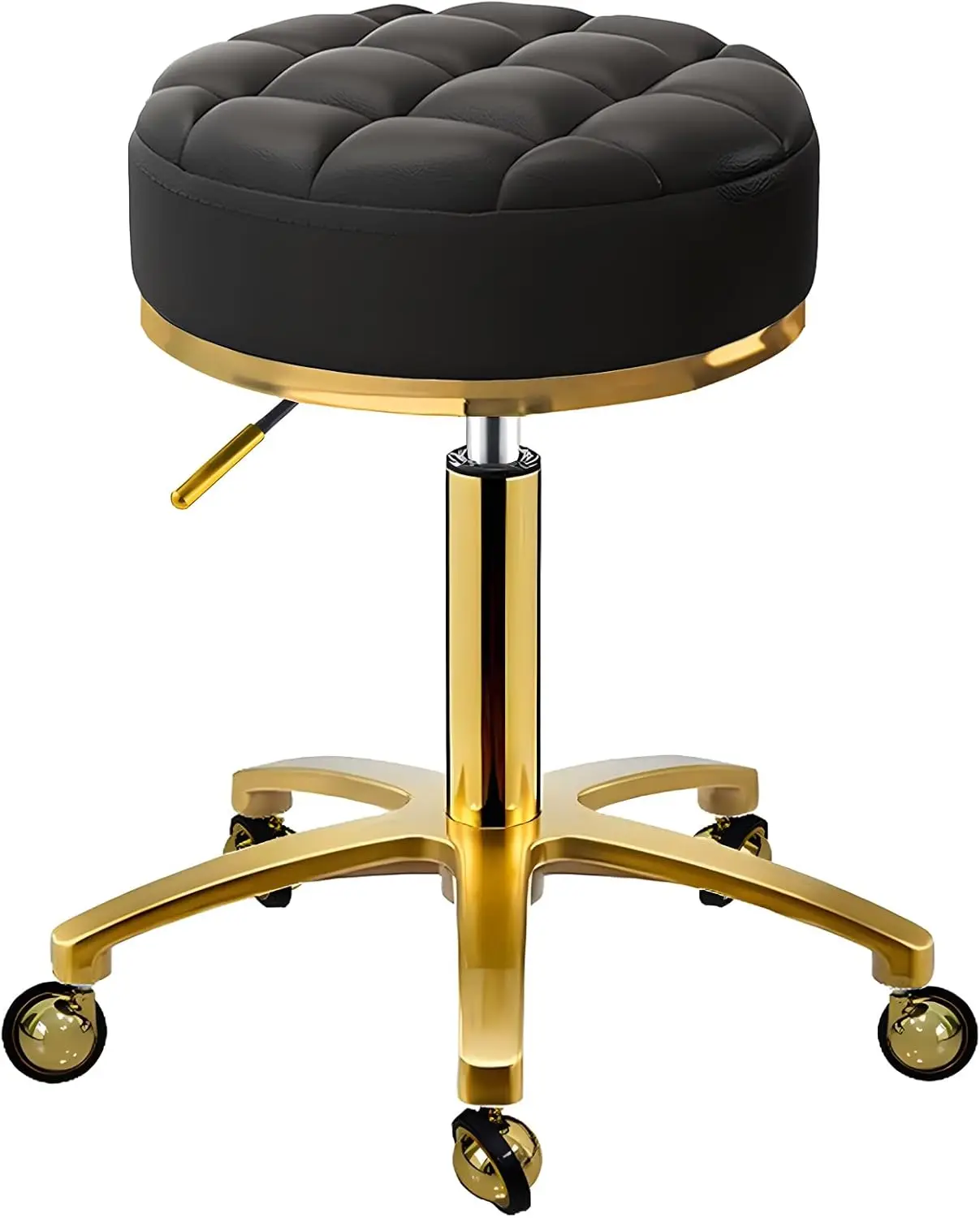 Rolling Stool Gold Swivel Salon Spa Chair Round Roller Stools With Wheels, Massage Stool Pu Leather Seat Padded, Pedicure