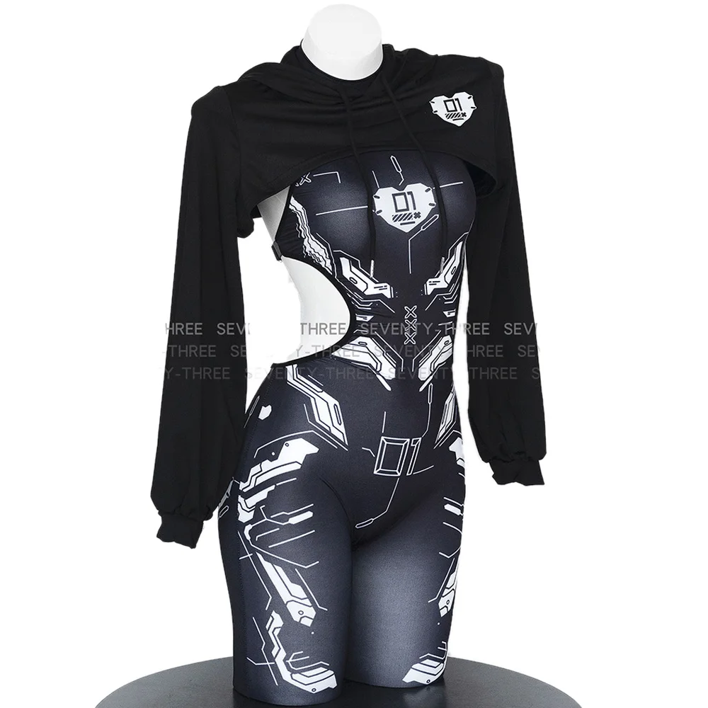 AniLV панк Cyber Shadow Agent черный топ с капюшоном обтягивающее боди механический механизм воин униформа наряды косплей костюм