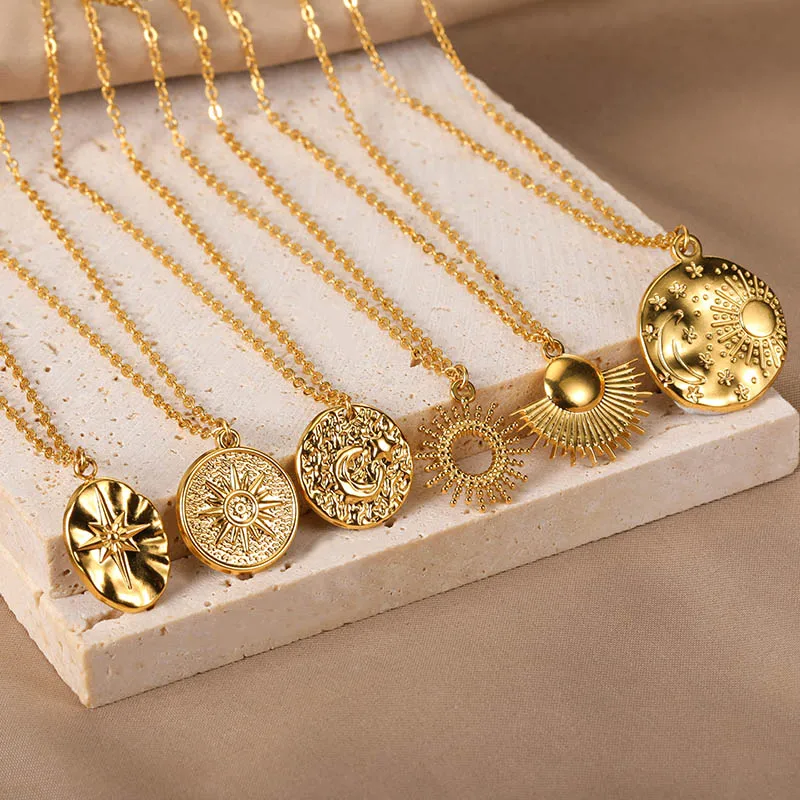 Vintage Sun And Moon Pendant Necklace For Women Geometry Necklace Gold Color Stainless Steel Chain Fashion Bohemia Jewelry Gift