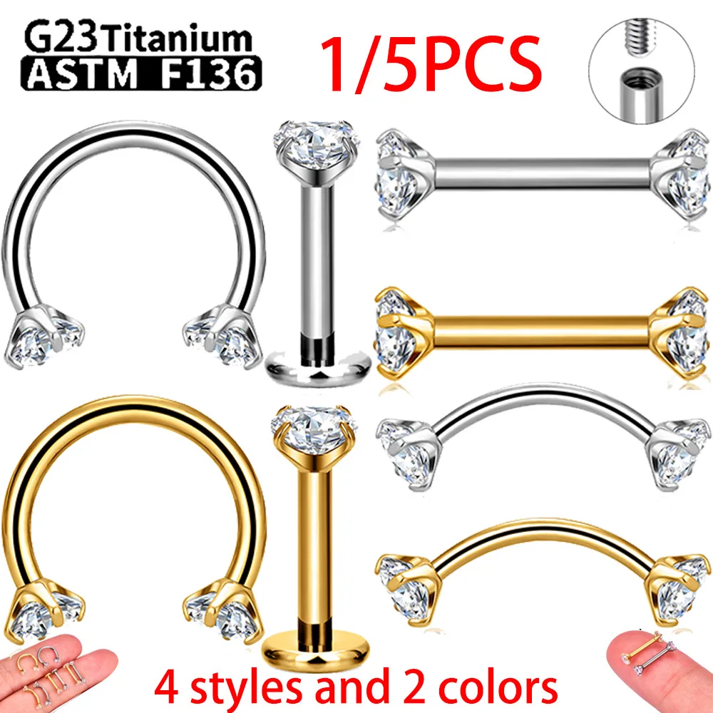 

1/5PCS G23 Titanium internal thread Labret Lip Stud Piercing Eyebrow Body Jewelry Nose Ring C rod For Women Septum Piercing