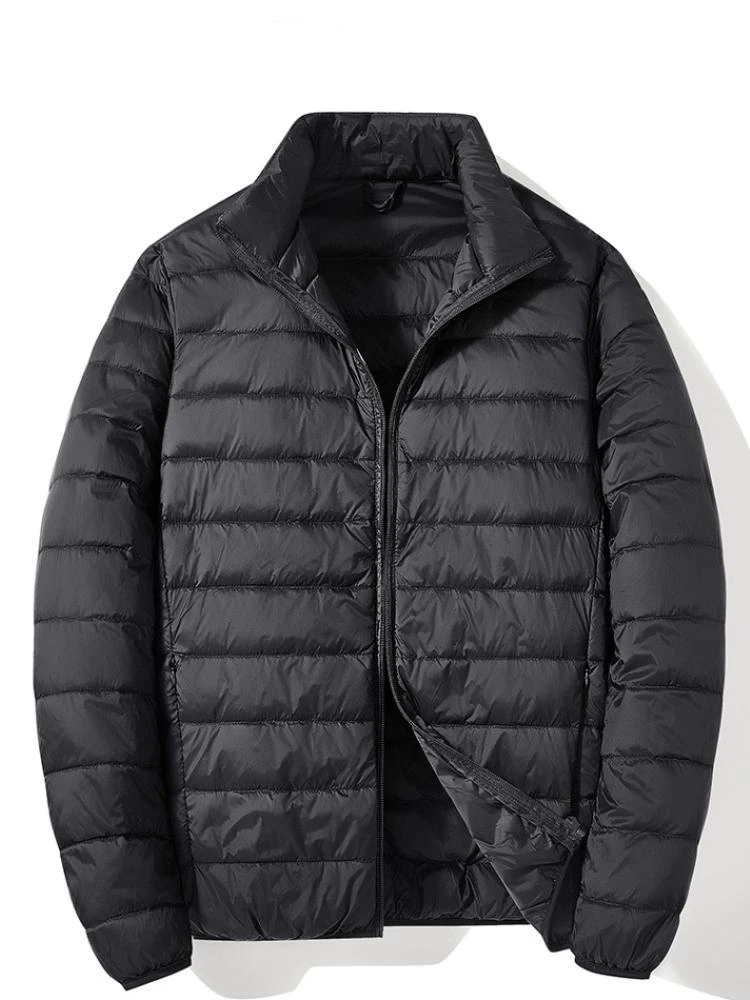 Męska kurtka puchowa zimowa, biznesowa, casualowa, ze stójką, ocieplana białym puchem kaczym, lekka kurtka puchowa, duży rozmiar 5XL 6XL 7XL, do 135 kg — 2
