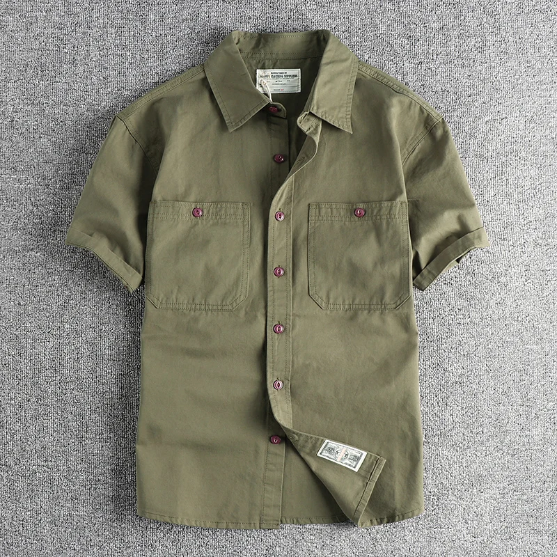 

Double Pocket Design Retro Workwear Short Sleeve Casual Shirt for Men Breathable Cotton Standard Fit Summer Fashionable