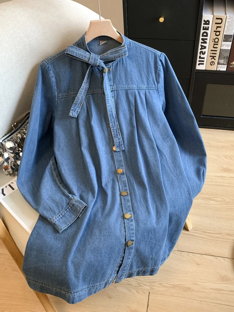 

Retro Knot Denim Dr Women's Long Sve Autumn High Waist Loose Fit A-Line Skirt Cotton Material Daily Wear